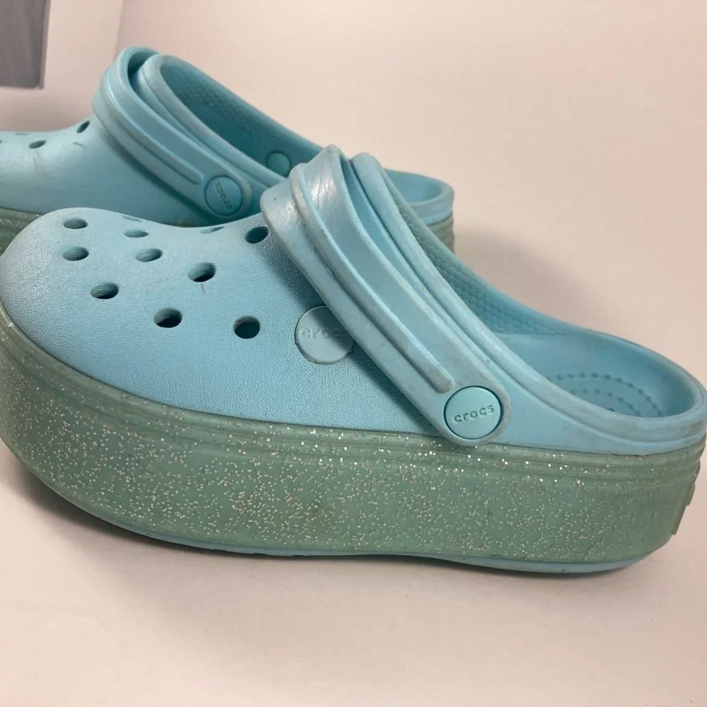 Blue sparkly platform crocs juniors 1